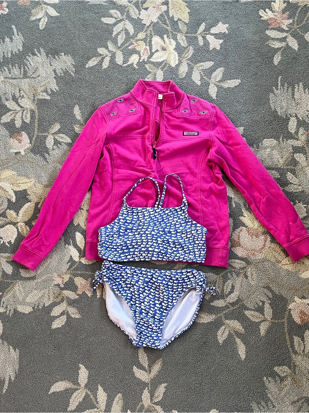 Vineyard Vines Girls' Blue Whale Print Swim Set with Pink  Quarter-Zip Jacket